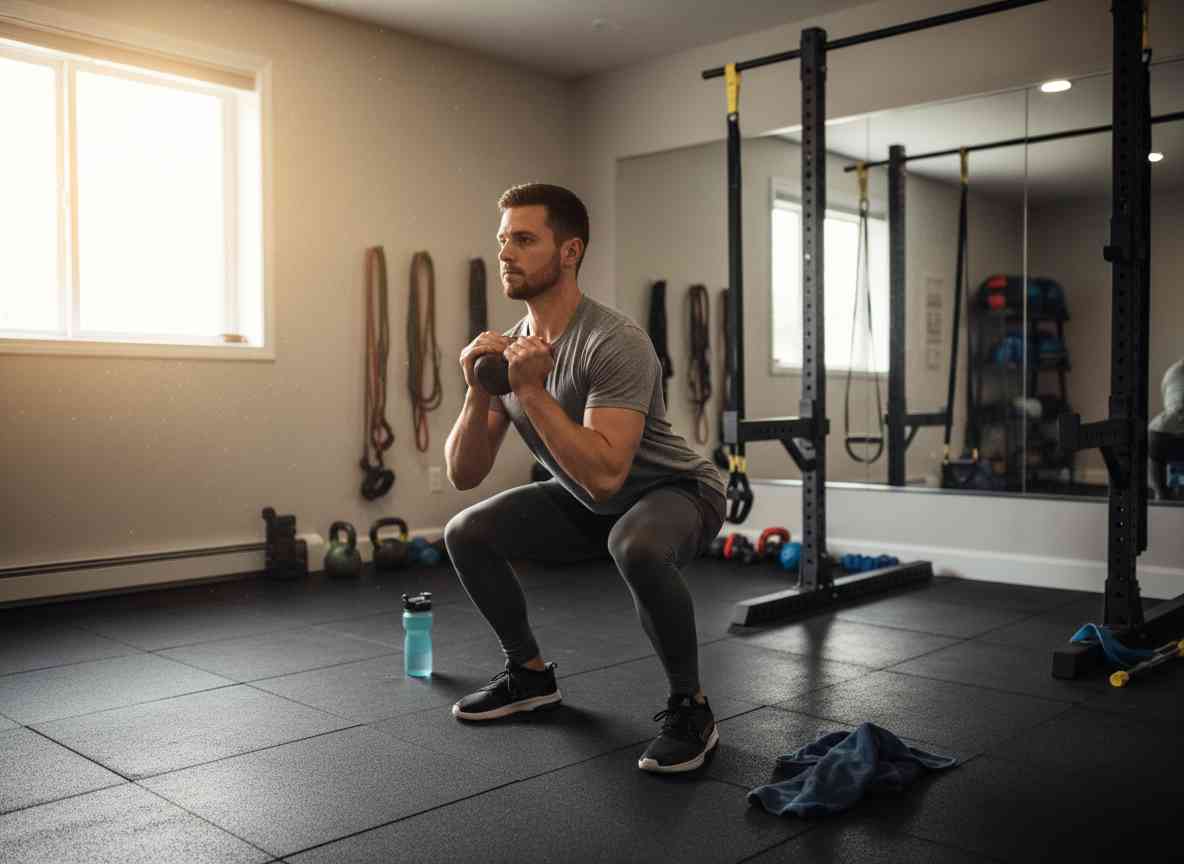 Person doing dumbbell goblet squat at home